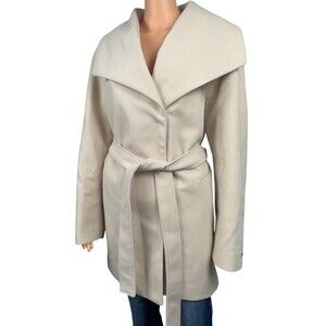 Tahari Coat Womens XXL Cream Wrap Faux Wool Water-Resistant Pockets Tie Belt 2XL
